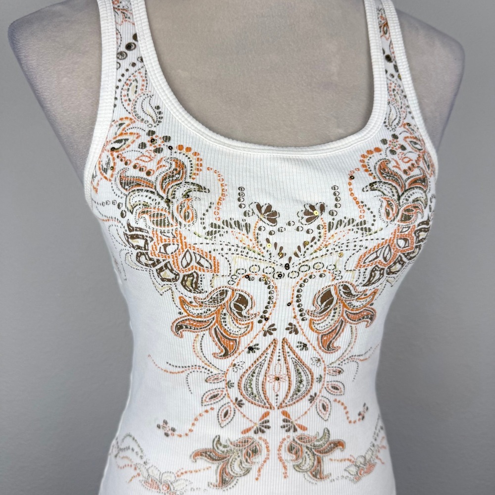 Y2K White Ribbed Sequin Graphic Tank Top Paisley Boho Scoop Neck Sleeveless - Picture 3 of 8